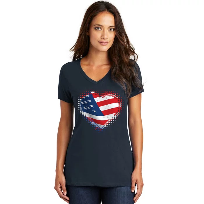 Distressed American USA Flag Heart Women's V-Neck T-Shirt