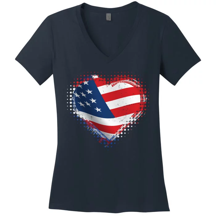 Distressed American USA Flag Heart Women's V-Neck T-Shirt