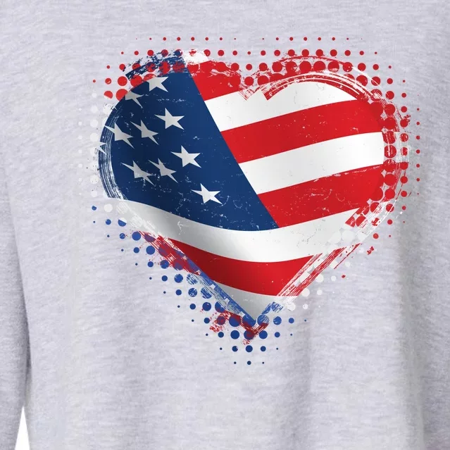 Distressed American USA Flag Heart Cropped Pullover Crew