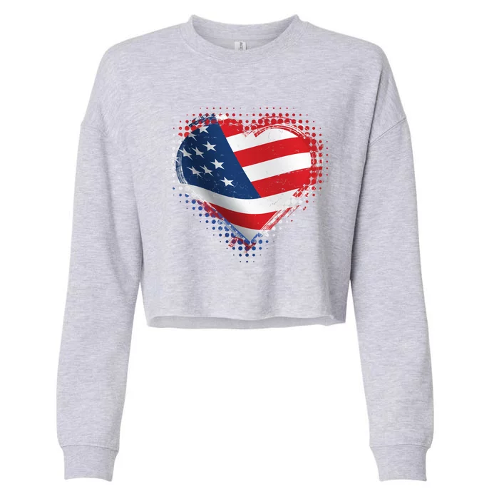 Distressed American USA Flag Heart Cropped Pullover Crew