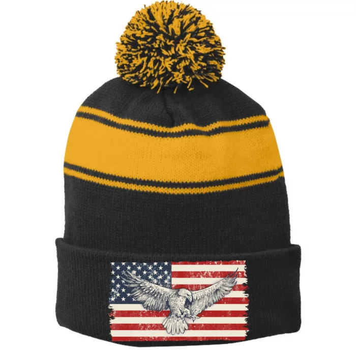 Distressed American USA Flag Eagle Stripe Pom Pom Beanie