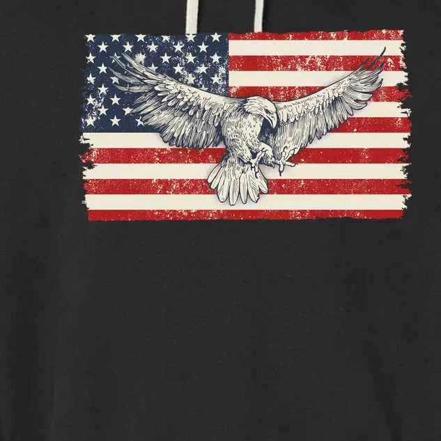 Distressed American USA Flag Eagle Garment-Dyed Fleece Hoodie