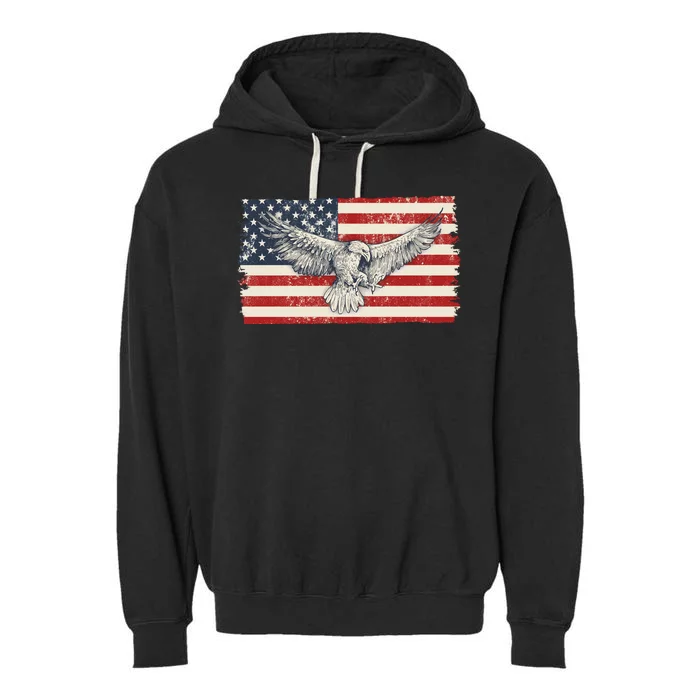 Distressed American USA Flag Eagle Garment-Dyed Fleece Hoodie