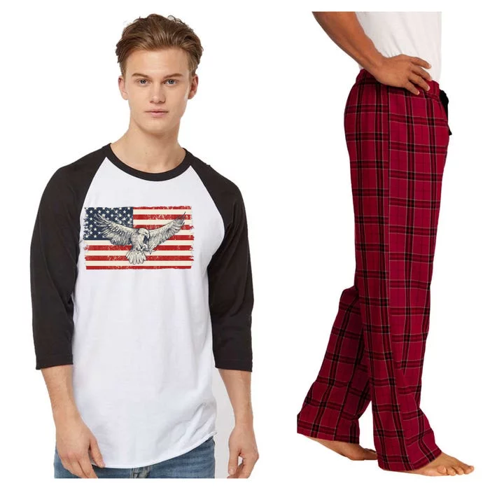 Distressed American USA Flag Eagle Raglan Sleeve Pajama Set