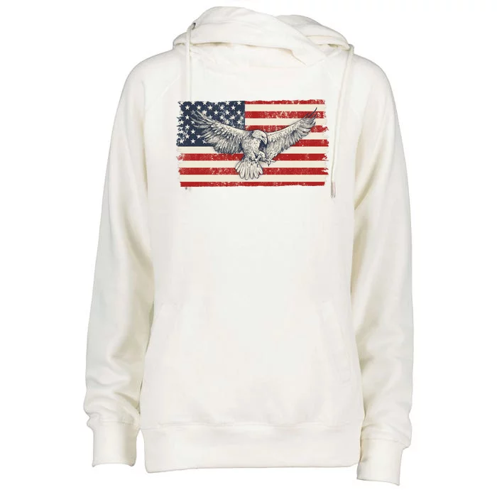 Distressed American USA Flag Eagle Womens Funnel Neck Pullover Hood