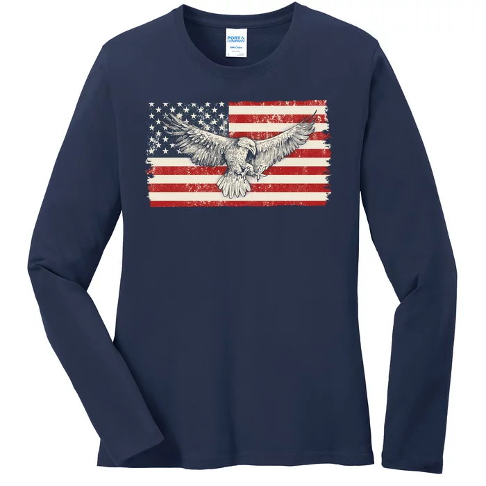 Distressed American USA Flag Eagle Ladies Long Sleeve Shirt