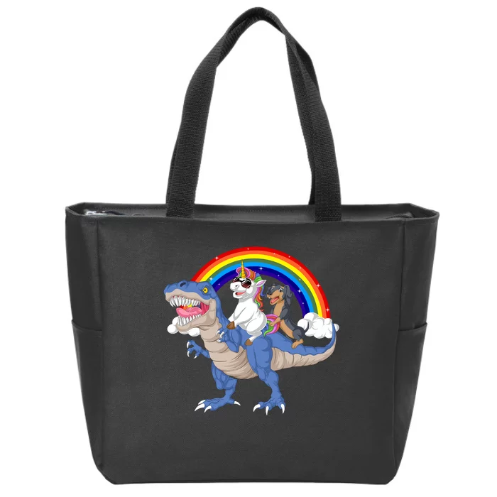 Dachshund And Unicorn Riding Dinosaur Zip Tote Bag