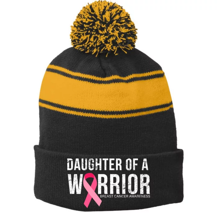 Daughter Of A Warrior Breast Cancer Awareness Stripe Pom Pom Beanie