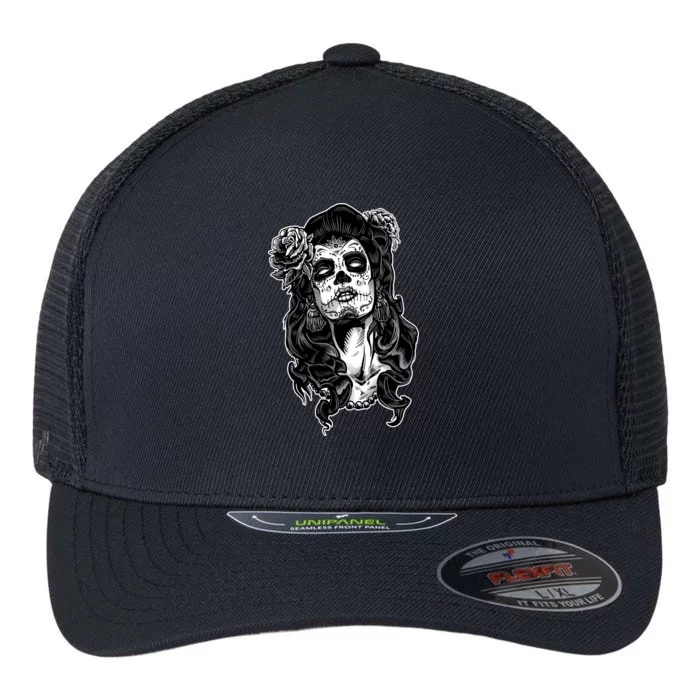 Day Of The Dead Beauty Skeleton Flexfit Unipanel Trucker Cap