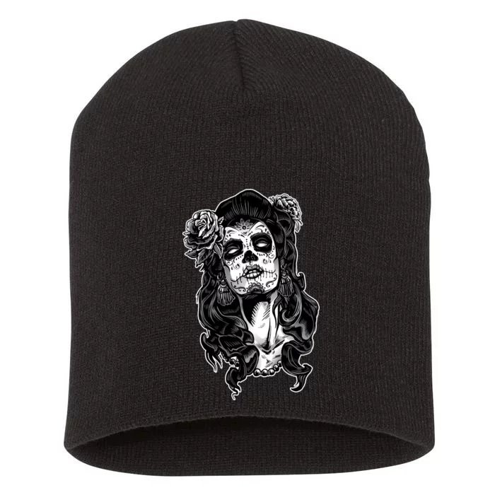 Day Of The Dead Beauty Skeleton Short Acrylic Beanie