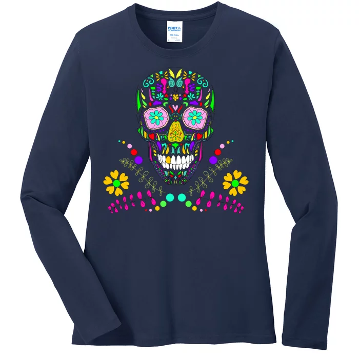 Day of The Dead Skull Flower Glasses Ladies Long Sleeve Shirt