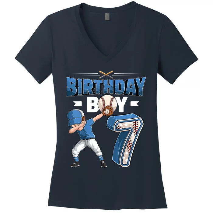 Dabbing Boy 7 Year Old Baseball Player 7th Birthday Party Women's V-Neck T-Shirt