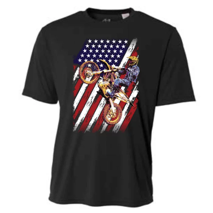 Dirt Bike American Flag Motocross Biker 4th Of July Cooling Performance Crew T-Shirt