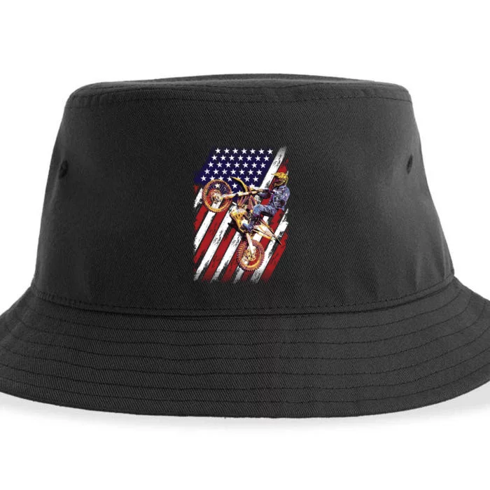 Dirt Bike American Flag Motocross Biker 4th Of July Sustainable Bucket Hat