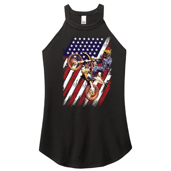 Dirt Bike American Flag Motocross Biker 4th Of July Women’s Perfect Tri Rocker Tank