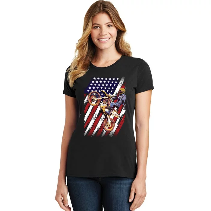 Dirt Bike American Flag Motocross Biker 4th Of July Women's T-Shirt