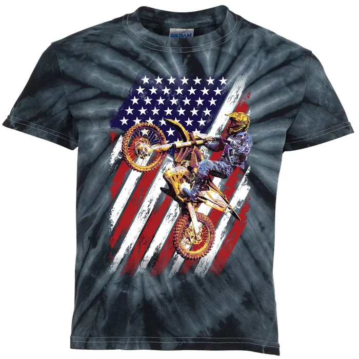 Dirt Bike American Flag Motocross Biker 4th Of July Kids Tie-Dye T-Shirt