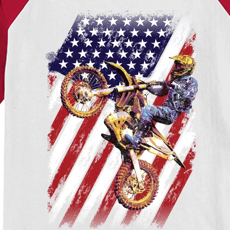 Dirt Bike American Flag Motocross Biker 4th Of July Kids Colorblock Raglan Jersey