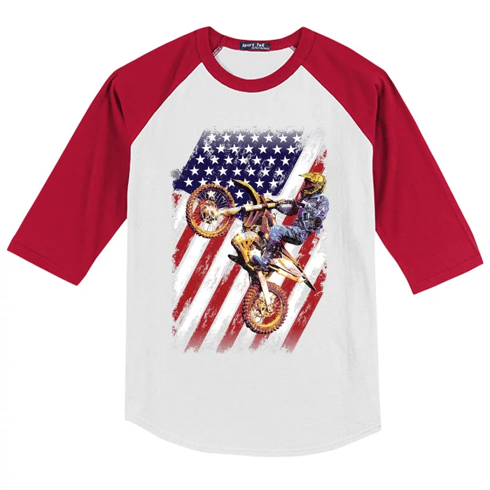 Dirt Bike American Flag Motocross Biker 4th Of July Kids Colorblock Raglan Jersey