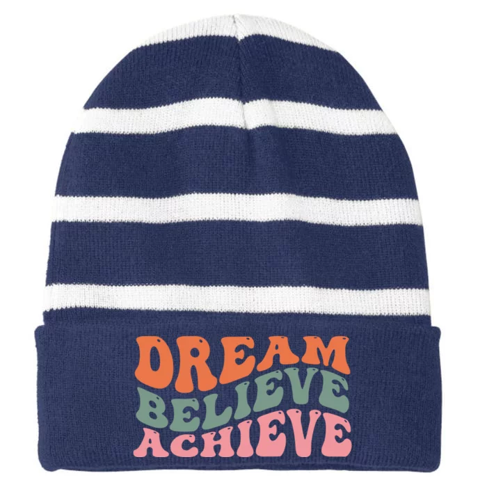 Dream Believe Achieve Positive Quote Striped Beanie with Solid Band