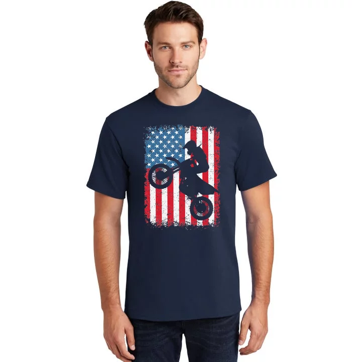 Dirt Bike American Flag Motocross Biker 4th Of July Tall T-Shirt