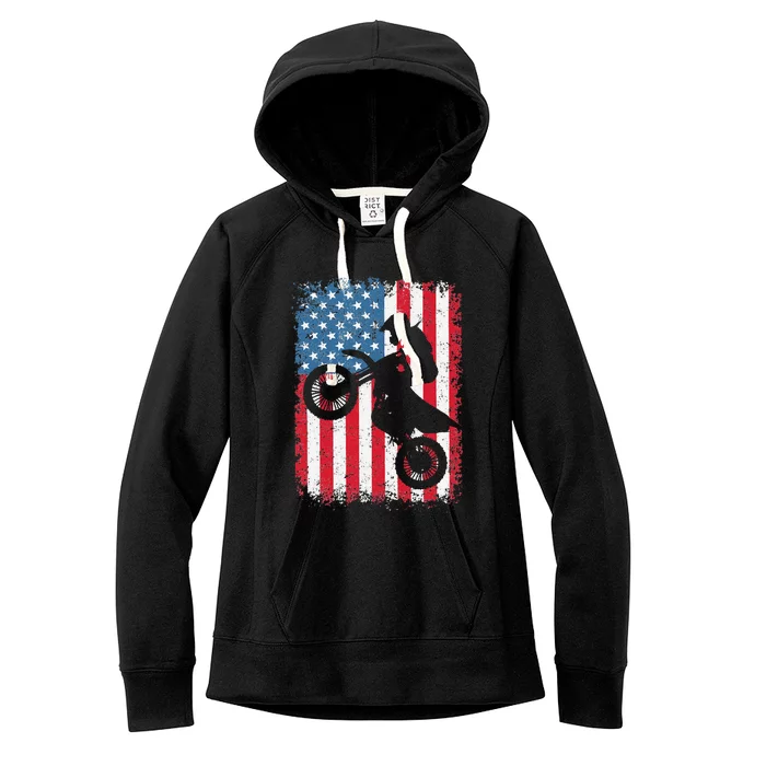 Dirt Bike American Flag Motocross Biker 4th of July Women's Fleece Hoodie