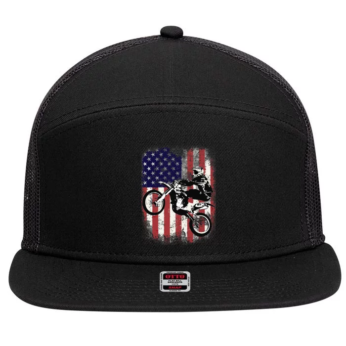 Dirt Bike American Flag Motocross Biker 4th Of July 7 Panel Mesh Trucker Snapback Hat