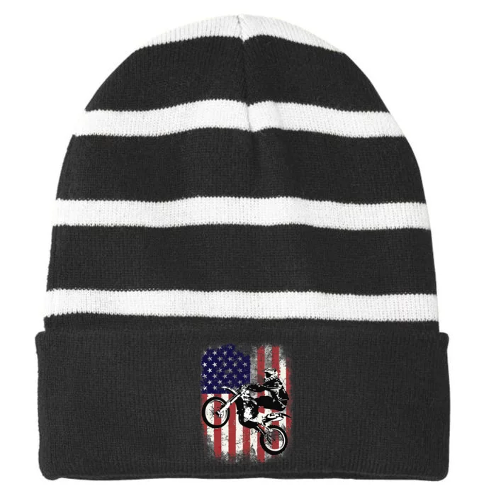 Dirt Bike American Flag Motocross Biker 4th Of July Striped Beanie with Solid Band