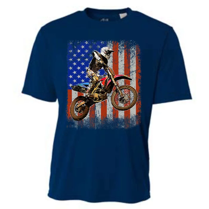 Dirt Bike American Flag Motocross Biker 4th Of July Mens Cooling Performance Crew T-Shirt