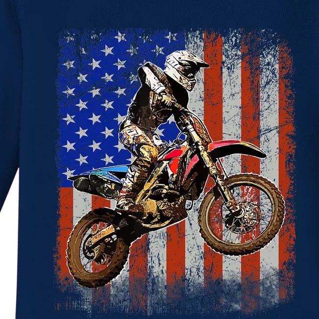 Dirt Bike American Flag Motocross Biker 4th Of July Mens Baby Long Sleeve Bodysuit