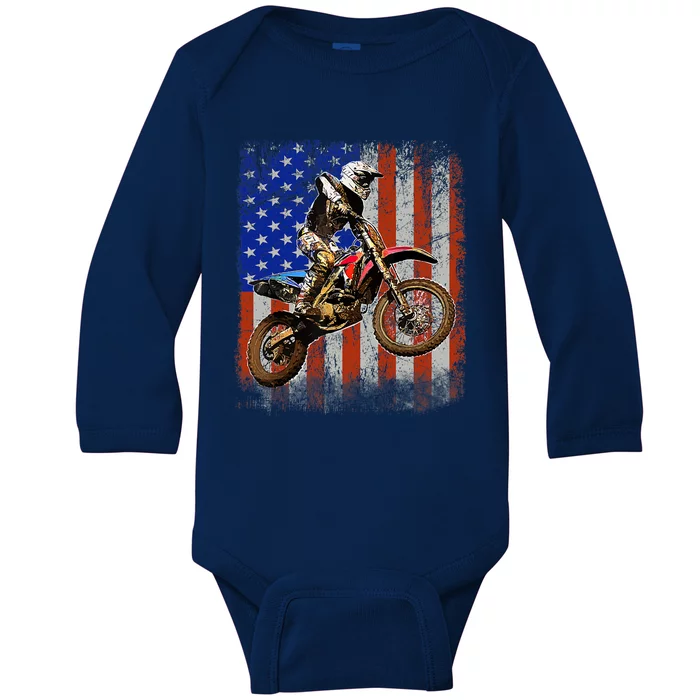 Dirt Bike American Flag Motocross Biker 4th Of July Mens Baby Long Sleeve Bodysuit