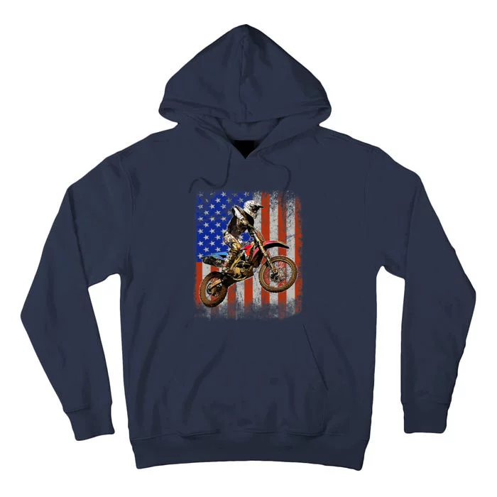 Dirt Bike American Flag Motocross Biker 4th Of July Mens Tall Hoodie