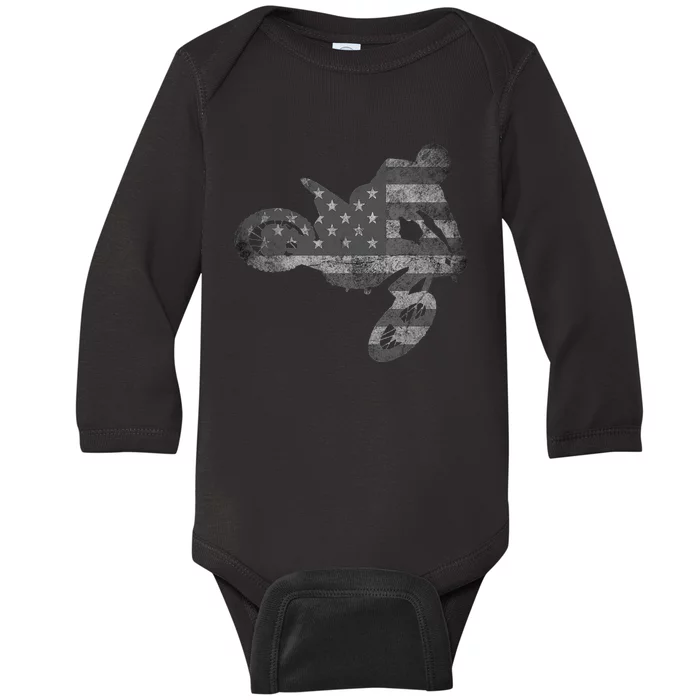 Dirt Bike American Flag Motocross Enduro Baby Long Sleeve Bodysuit