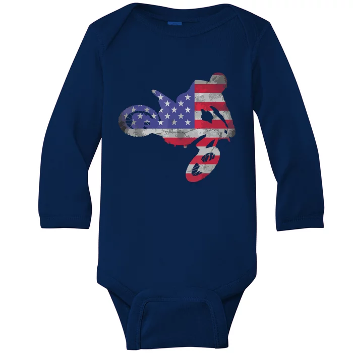 Dirt Bike American Flag Motocross Baby Long Sleeve Bodysuit