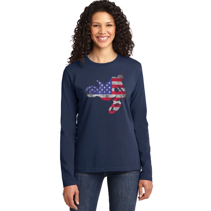 Dirt Bike American Flag Motocross Ladies Long Sleeve Shirt