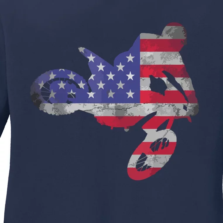 Dirt Bike American Flag Motocross Ladies Long Sleeve Shirt