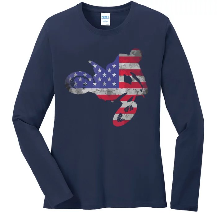 Dirt Bike American Flag Motocross Ladies Long Sleeve Shirt