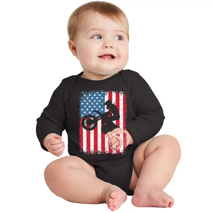 Dirt Bike American Flag Motocross Biker 4th of July Baby Long Sleeve Bodysuit