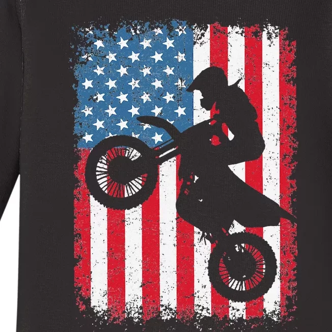 Dirt Bike American Flag Motocross Biker 4th of July Baby Long Sleeve Bodysuit