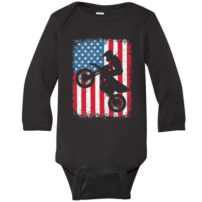 Dirt Bike American Flag Motocross Biker 4th of July Baby Long Sleeve Bodysuit