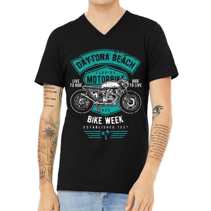 Daytona Beach Bike Week Retro Distressed Motorcycle V-Neck T-Shirt