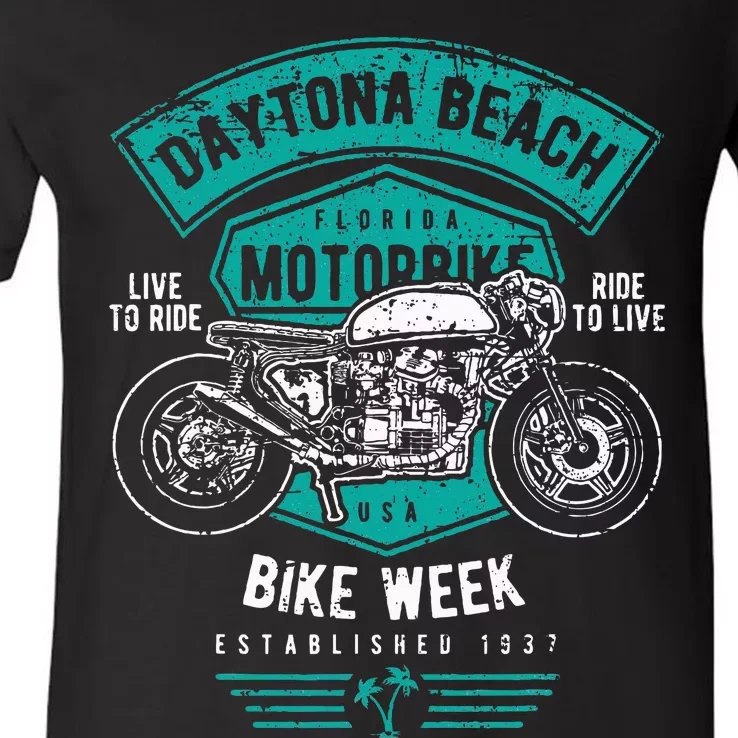 Daytona Beach Bike Week Retro Distressed Motorcycle V-Neck T-Shirt