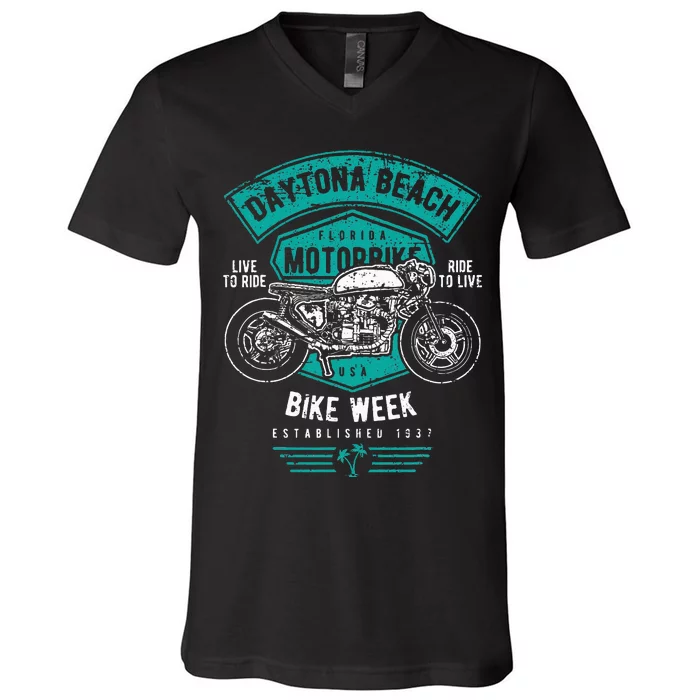 Daytona Beach Bike Week Retro Distressed Motorcycle V-Neck T-Shirt