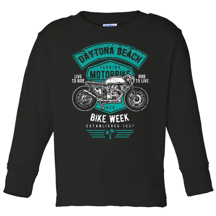 Daytona Beach Bike Week Retro Distressed Motorcycle Toddler Long Sleeve Shirt