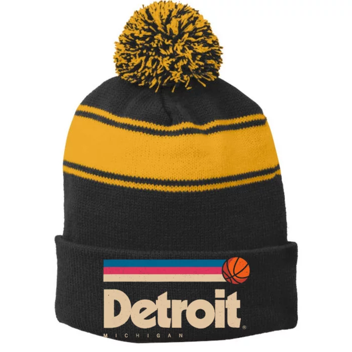 Detroit Basketball B-Ball City Michigan Retro Detroit Stripe Pom Pom Beanie