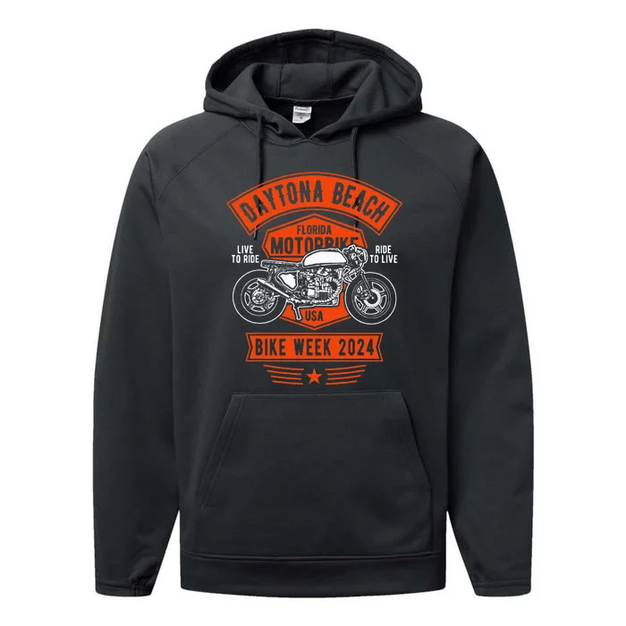 Daytona Beach Bike Week 2024 Retro Motorcycle Performance Fleece Hoodie