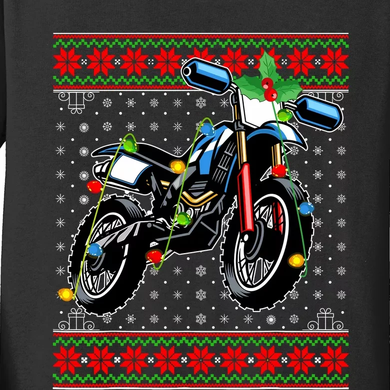 Dirt Bike Christmas Lights Ugly Sweater Santa Dirt Bike Xmas Kids Long Sleeve Shirt