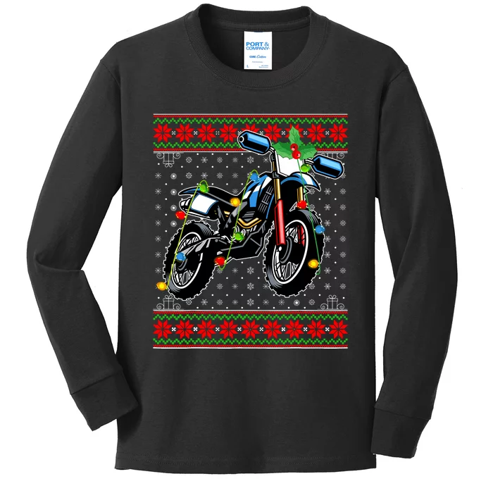 Dirt Bike Christmas Lights Ugly Sweater Santa Dirt Bike Xmas Kids Long Sleeve Shirt