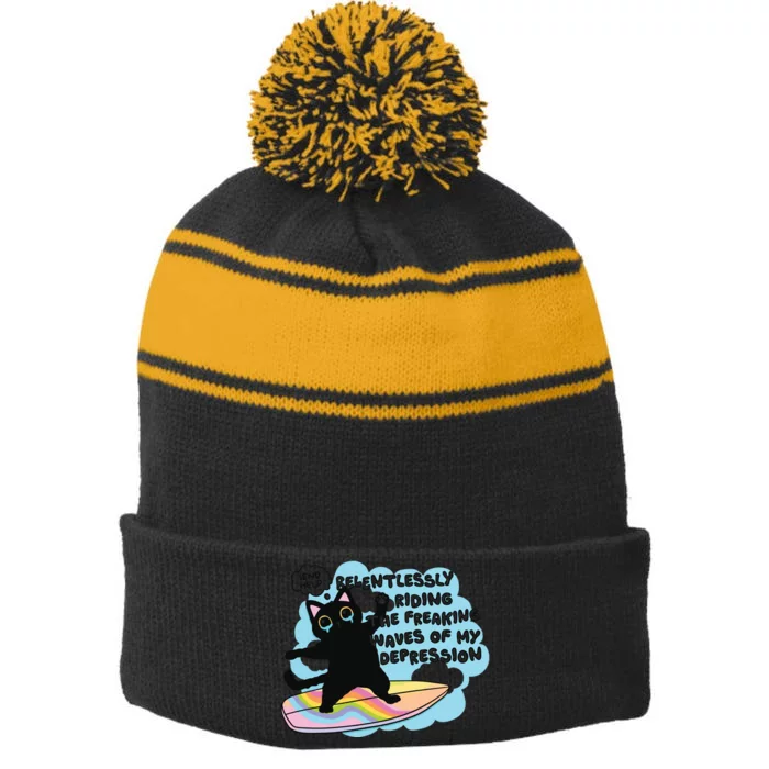 Depressed Black Cat Stripe Pom Pom Beanie