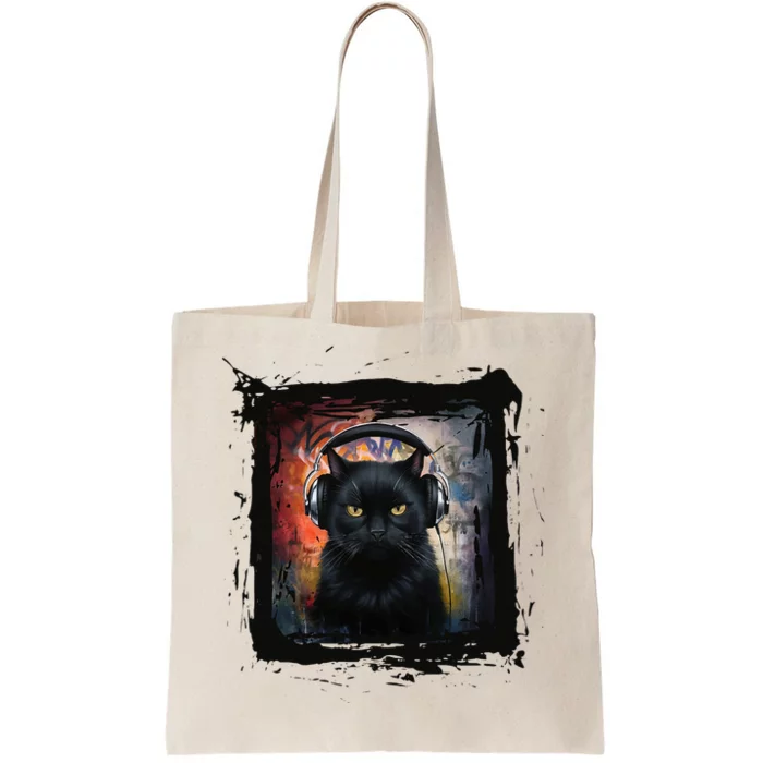 Dj Black Cat Graphic Feline Music Fun Style Tote Bag